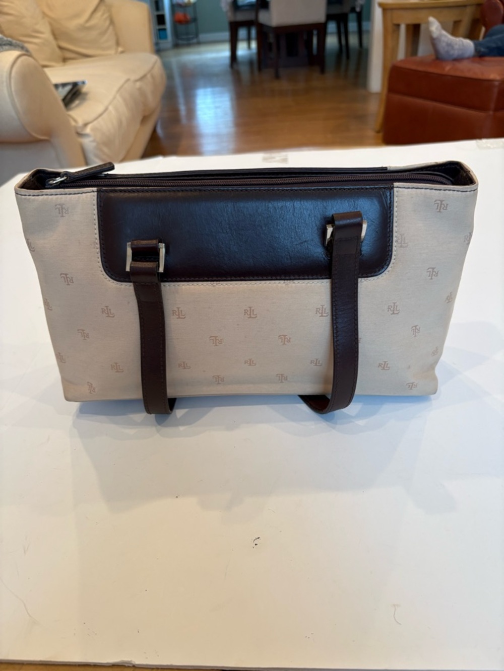 Ralph Lauren Cream Canvas Tote with Brown Leather Trim/inside is excellent - Picture 2 of 12